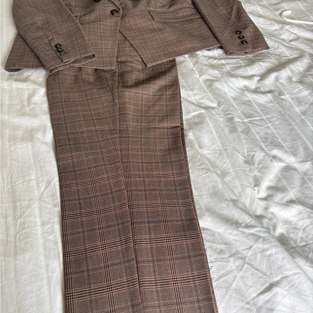 Brown Plaid Women's Suit Jacket and Trousers Set